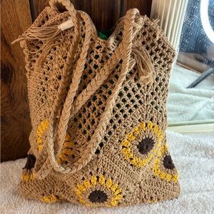Sold Fashion Hobo Multi-Colored Square Hand Crocheted Sunflower Shoulder Bag NWT